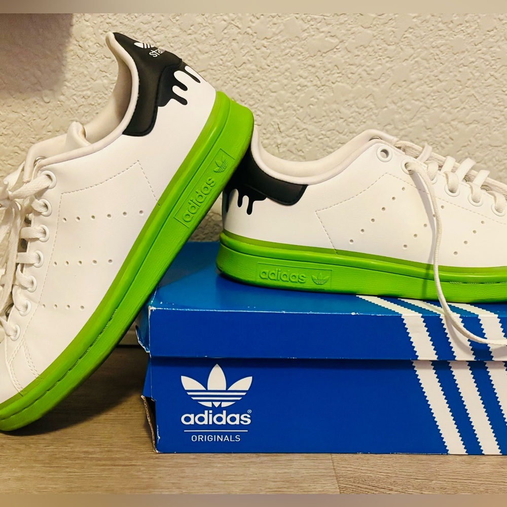 Adidas Originals Stan Smith Paint White + Lime Green Drip Sneakers kids 6